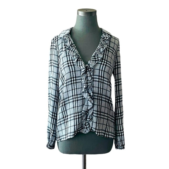 Majorelle Black Plaid Ruffle Marina Blouse XS Long Sleeve Sheer Revolve Top - Picture 2 of 8